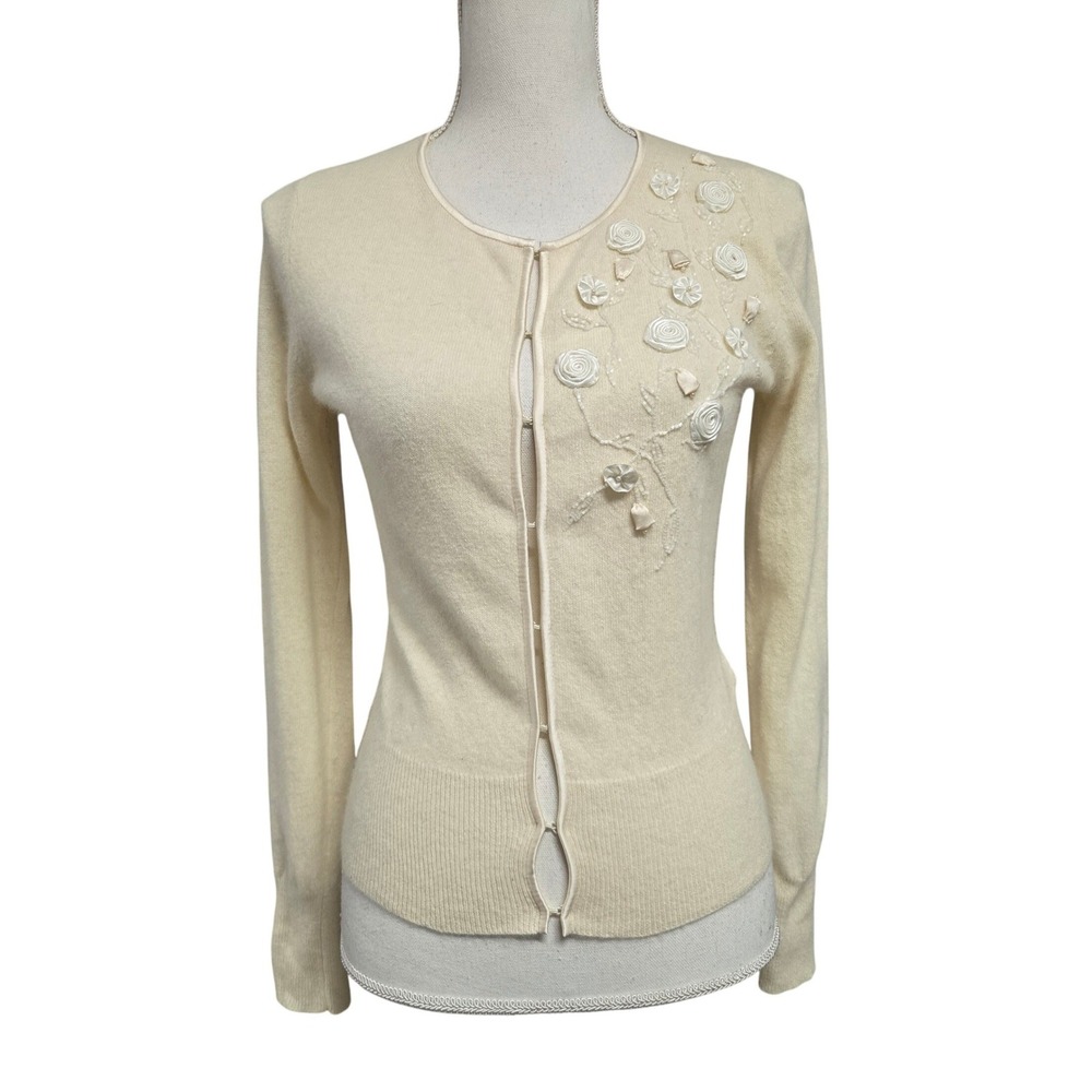 Banana Republic Angora Lambswool Floral Beaded Cardigan Sweater Cream Vintage S